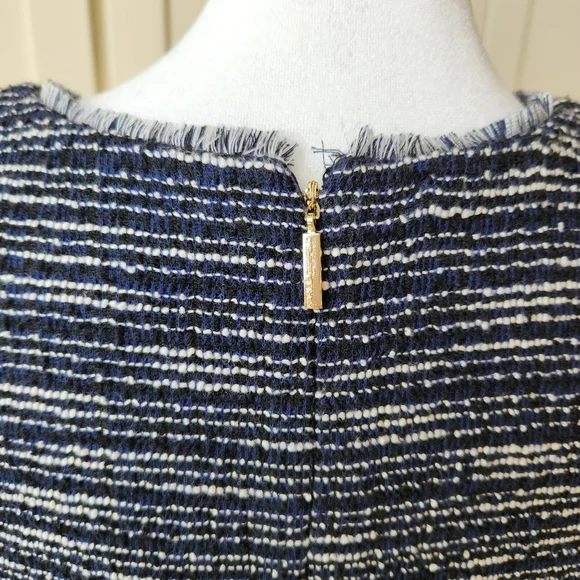 Tweed Fall Sheath Dress Navy Blue White Stripes Sleeveless Fringe Paris Size 10 - Picture 4 of 17